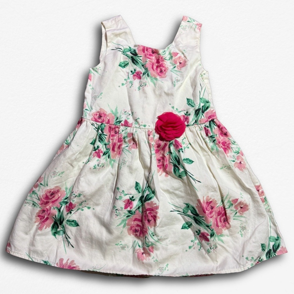The Childrens Place Girls 4T Floral Rose Dress Sleeveless Pink White Bow Back